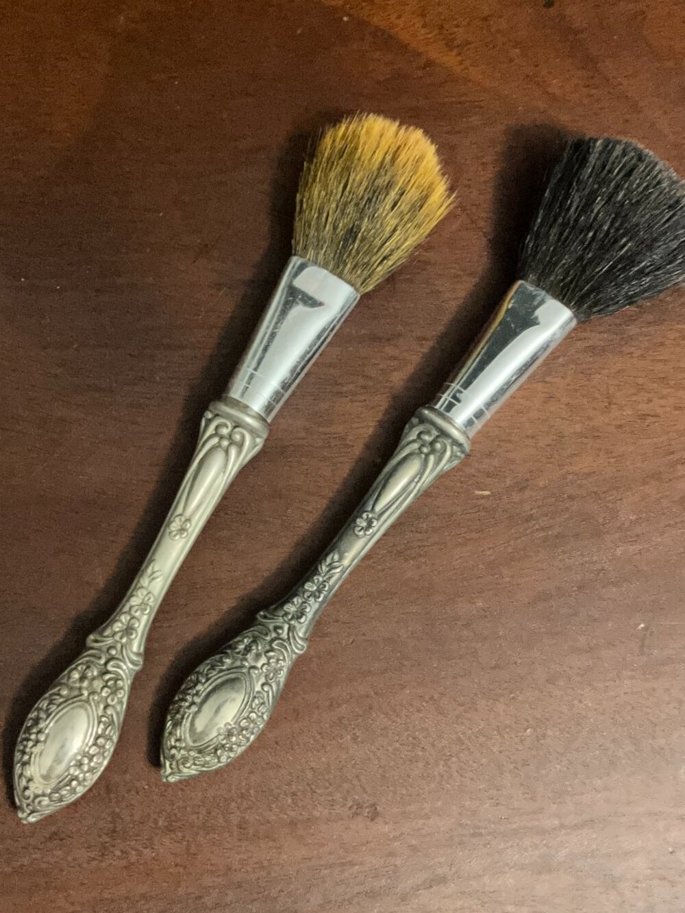 Set of 2 Vintage Makeup Brushes with Silver-plated Floral Handles